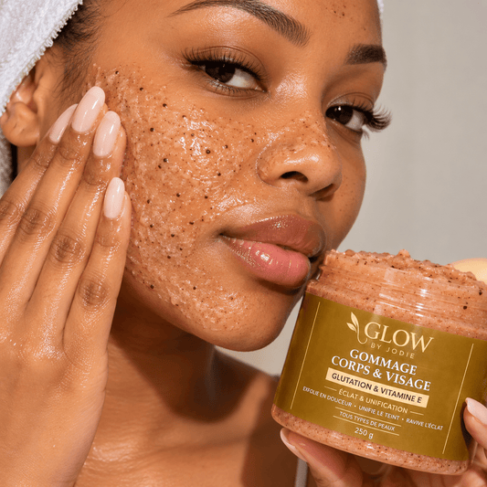 Gommage Visage & Corps gluthation vitamine E - soin visage et corps peau noire et métisse et caucasien GLOW BY JODIE