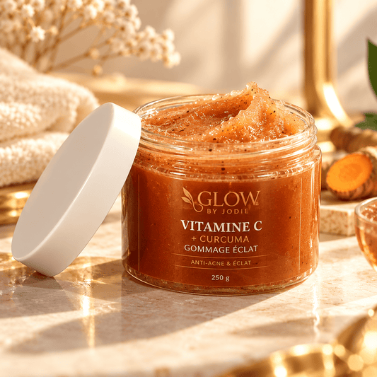 Gommage Éclat Vitamine C & Curcuma - soin visage et corps peau noire et métisse et caucasien GLOW BY JODIE