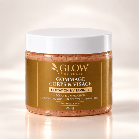 Gommage Visage & Corps gluthation vitamine E - soin visage et corps peau noire et métisse et caucasien GLOW BY JODIE