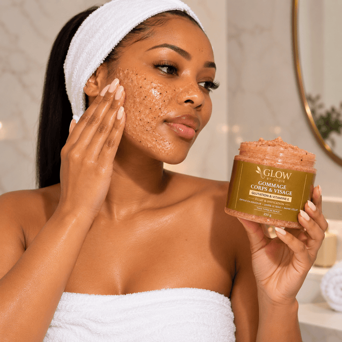 Gommage Visage & Corps gluthation vitamine E - soin visage et corps peau noire et métisse et caucasien GLOW BY JODIE